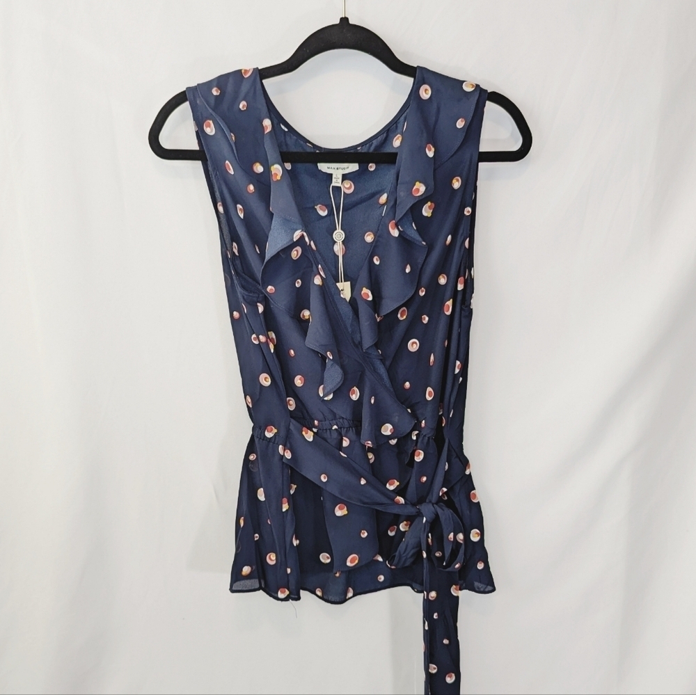 NWT Max Studio Navy Print Tank Top with Ruffles & Tie Waist, Women's Size Large